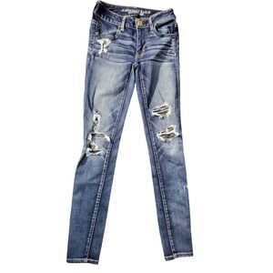 American Eagle Jeggings‎ Ripped Distressed Dark Wash Denim Jeans Size 4